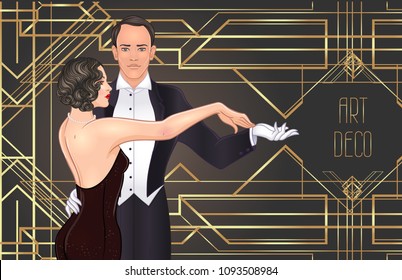 Beautiful couple in art deco style dancing tango. Retro fashion: glamour man and woman of twenties. Vector illustration. Flapper 20's style. Vintage party or thematic wedding invitation template.
