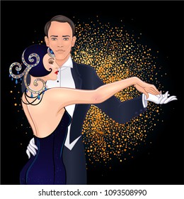 Beautiful couple in art deco style dancing tango. Retro fashion: glamour man and woman of twenties. Vector illustration. Flapper 20's style. Vintage party or thematic wedding invitation template.
