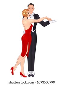 Beautiful couple in art deco style dancing tango. Retro fashion: glamour man and woman of twenties. Vector illustration. Flapper 20's style. Vintage party or thematic wedding invitation template.
