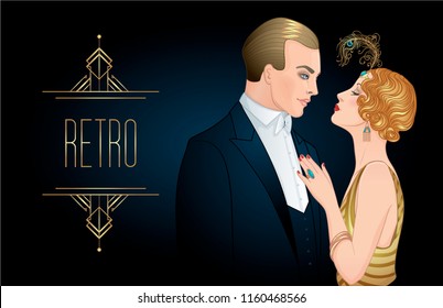 Beautiful couple in art deco style. Retro fashion: glamour man and woman of twenties. Vector illustration. Flapper 20's style. Vintage party  or thematic wedding invitation design template.