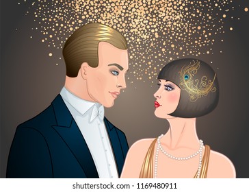 Beautiful couple in art deco style. Retro fashion: glamour man and woman of twenties. Vector illustration. Flapper 20's style. Vintage party or thematic wedding invitation design template.