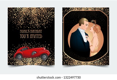 Beautiful couple in art deco style dancing tango. Retro fashion: glamour man and woman of twenties. Vector illustration. Flapper 20's style. Vintage party or thematic wedding invitation template.