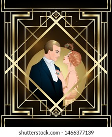 Beautiful couple in art deco style. Retro fashion: glamour man and woman of twenties. Vector illustration. Flapper 20's style. Vintage party  or thematic wedding invitation design template.