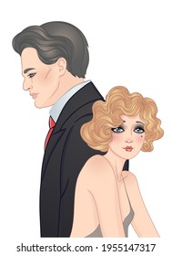 Beautiful couple in art deco style. Retro fashion: glamour man and woman of twenties. Vector illustration. Flapper 20's style. Vintage party  or thematic wedding invitation design template.