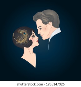 Beautiful couple in art deco style. Retro fashion: glamour man and woman of twenties. Vector illustration. Flapper 20's style. Vintage party  or thematic wedding invitation design template.