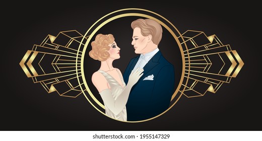 Beautiful couple in art deco style. Retro fashion: glamour man and woman of twenties. Vector illustration. Flapper 20's style. Vintage party  or thematic wedding invitation design template.