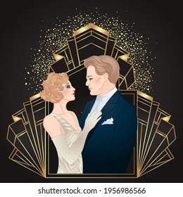 Beautiful couple in art deco style. Retro fashion: glamour man and woman of twenties. Vector illustration. Flapper 20's style. Vintage party  or thematic wedding invitation design template.