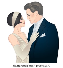 Beautiful couple in art deco style. Retro fashion: glamour man and woman of twenties. Vector illustration. Flapper 20's style. Vintage party  or thematic wedding invitation design template.