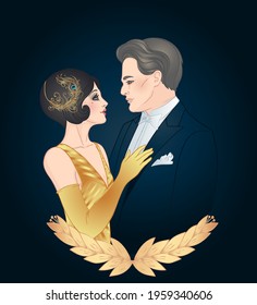 Beautiful couple in art deco style. Retro fashion: glamour man and woman of twenties. Vector illustration. Flapper 20's style. Vintage party  or thematic wedding invitation design template.