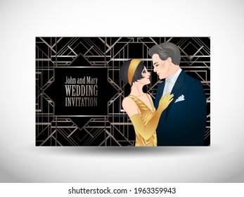 Beautiful couple in art deco style. Retro fashion: glamour man and woman of twenties. Vector illustration. Flapper 20's style. Vintage party  or thematic wedding invitation design template.