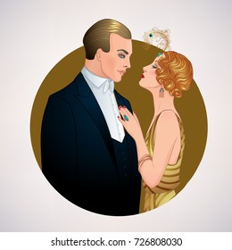 Beautiful couple in art deco style. Retro fashion: glamour man and woman of twenties. Vector illustration. Flapper 20's style. Vintage party  or thematic wedding invitation design template.
