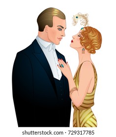 Beautiful couple in art deco style. Retro fashion: glamour man and woman of twenties. Vector illustration. Flapper 20's style. Vintage party  or thematic wedding invitation design template.