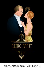 Beautiful couple in art deco style. Retro fashion: glamour man and woman of twenties. Vector illustration. Flapper 20's style. Vintage party  or thematic wedding invitation design template.