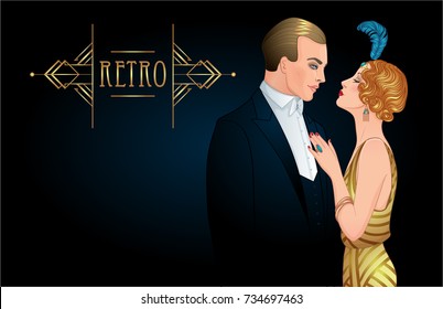 Beautiful couple in art deco style. Retro fashion: glamour man and woman of twenties. Vector illustration. Flapper 20's style. Vintage party  or thematic wedding invitation design template.