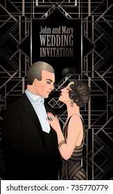 Hermosa pareja de estilo art decó. Moda retro: glamour hombre y mujer de 20 años. Ilustración vectorial. Estilo Flapper 20. Plantilla de diseño de invitación de boda temática o de fiesta de cosecha.