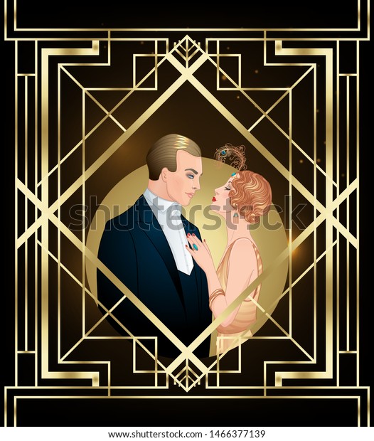 Beautiful
couple in art deco style. Retro fashion: glamour man and woman of
twenties. Vector illustration. Flapper 20's style. Vintage party 
or thematic wedding invitation design
template.