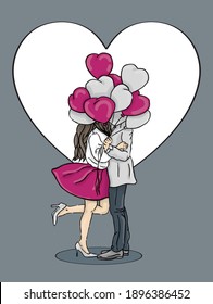 Beautiful couple with balloons in the form of hearts. A girl in a dress, high heels and a man in a jacket and pants. Valentine's Day, love and relationships. Vector illustration.