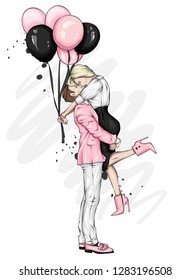 Beautiful couple with balloons. A girl in a dress and high-heeled shoes and a man in a coat and trousers. Valentine's Day, love and relationships. Vector illustration.