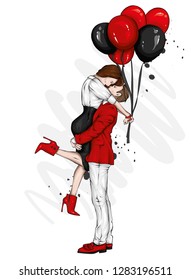 Beautiful couple with balloons. A girl in a dress and high-heeled shoes and a man in a coat and trousers. Valentine's Day, love and relationships. Vector illustration.