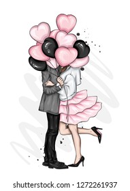 Beautiful couple with balloons in the shape of hearts. A girl in a dress and high-heeled shoes and a man in a coat and trousers. Valentine's Day, love and relationships. Vector illustration. Vector.