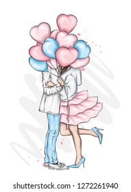 Beautiful couple with balloons in the shape of hearts. A girl in a dress and high-heeled shoes and a man in a coat and trousers. Valentine's Day, love and relationships. Vector illustration. Vector.