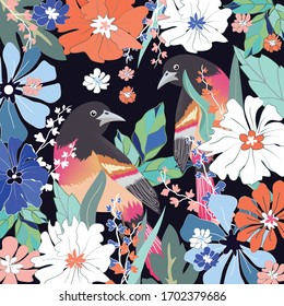 Beautiful a couple bird in colorful forest,colorful flower and leaf frame,illustration vector doodle comic art.