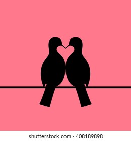 Beautiful couple of birds silhouette forming heart shape on pink sky background. Pigeons or doves on wire. EPS 8 vector illustration, no transparency