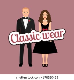 Beautiful couple in black dress and tux in classic wear style vector concept