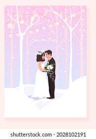 Beautiful couple, bride and groom, save the date, wedding invitation, couple in a winter landscape, vector illustration