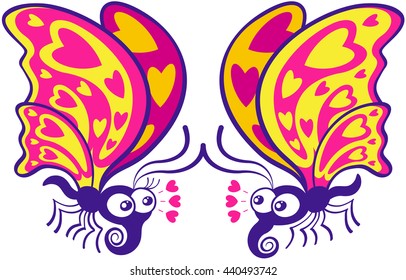 Beautiful couple of colorful butterflies flying, staring at each other and expressing they feel in love by showing hearts in their wings, joining their antennae and throwing hearts through their eyes