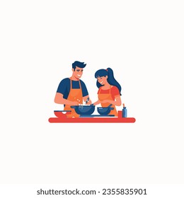 beautiful couple cooking together, vector