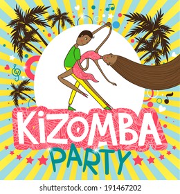 Beautiful couple of dancers kizomba on party poster in brazil's colors and with palms. Vector illustration.