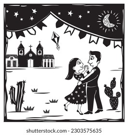 Beautiful couple dancing at a FESTA JUNINA vector. Starry night, a village in the background, cacti from northeastern Brazil. woodcut illustration in cordel style