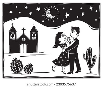 Beautiful couple dancing at a FESTA JUNINA vector. Starry night, a village in the background, cacti from northeastern Brazil. woodcut illustration in cordel style