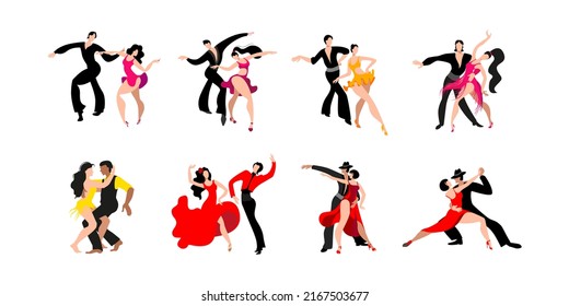 Beautiful Couple Dancing Latin American Dances. A Set Of Images Of Dancing Couples. Vector Illustration In Bright Colors.