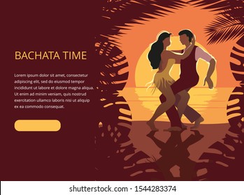 Beautiful Couple Dancing On The Beach Latin Salsa Bachata Dance. Banner Or Invitation Template.