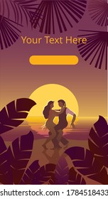 Hermosa pareja bailando en la playa bailando salsa latina. El paisaje romántico con el mar al atardecer. Plantilla para un cartel vertical. Ilustración del vector