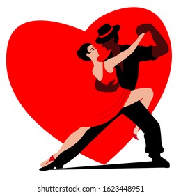 Beautiful couple dancing a tango on a red heart background. A woman in a red dress and a man in a black suit and hat. Vector illustration in a flat style in red and black.