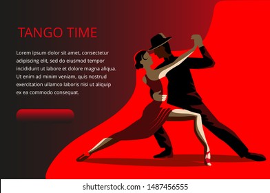 Beautiful couple dancing tango. A woman in a red dress and a man in a black suit and hat. Banner or invitation card template.