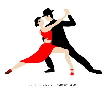 Beautiful couple dancing tango. A woman in a red dress and a man in a black suit and hat.