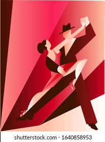 Beautiful couple dancing tango. A woman in a red dress and a man in a black suit and hat. Vector illustration in a flat style in red and black.