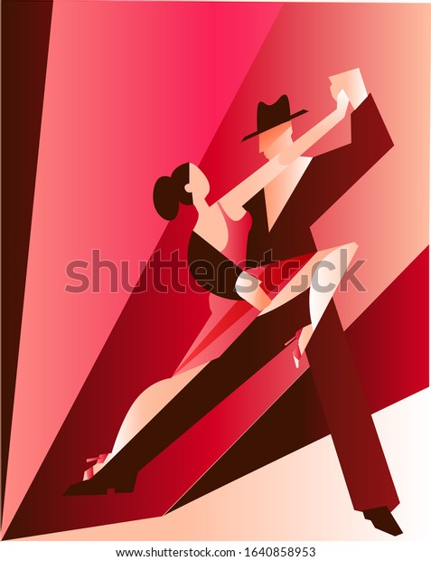 Beautiful couple dancing tango. A woman in a red\
dress and a man in a black suit and hat. Vector illustration in a\
flat style in red and\
black.
