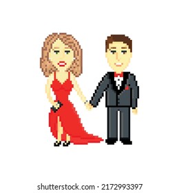 Beautiful Couple In Evening Wear Isolated On White Background. Prom Concept. Pixel Art Design. 8 Bit Logo For Game. Character Vector Illustration. Eps 10