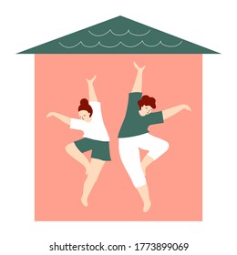 Beautiful Couple or Family dancing at home and during a coronavirus crisis. Covid-19 or coronavirus. Quarantine. The "stay at home" Vector illustration.	
