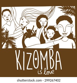 Beautiful couple and happy dancers of kizomba on party poster with palms. Vector illustration.