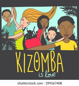 Beautiful couple and happy dancers of kizomba on party poster with palms. Vector illustration.