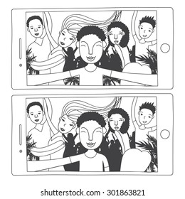 Beautiful couple and happy dancers of latin dance on mobile phone photo. Vector illustration