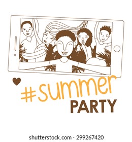 Beautiful couple and happy dancers on summer party poster with palms. Vector illustration.
