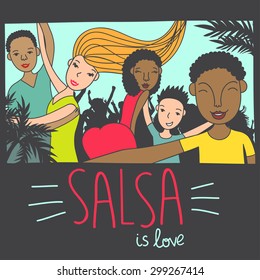 Beautiful couple and happy dancers of salsa on party poster with palms. Vector illustration.