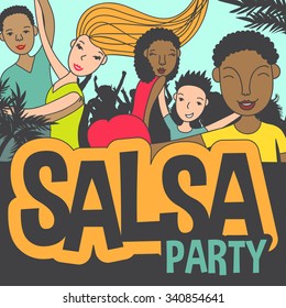 Beautiful couple and happy dancers of salsa on poster. Vector illustration